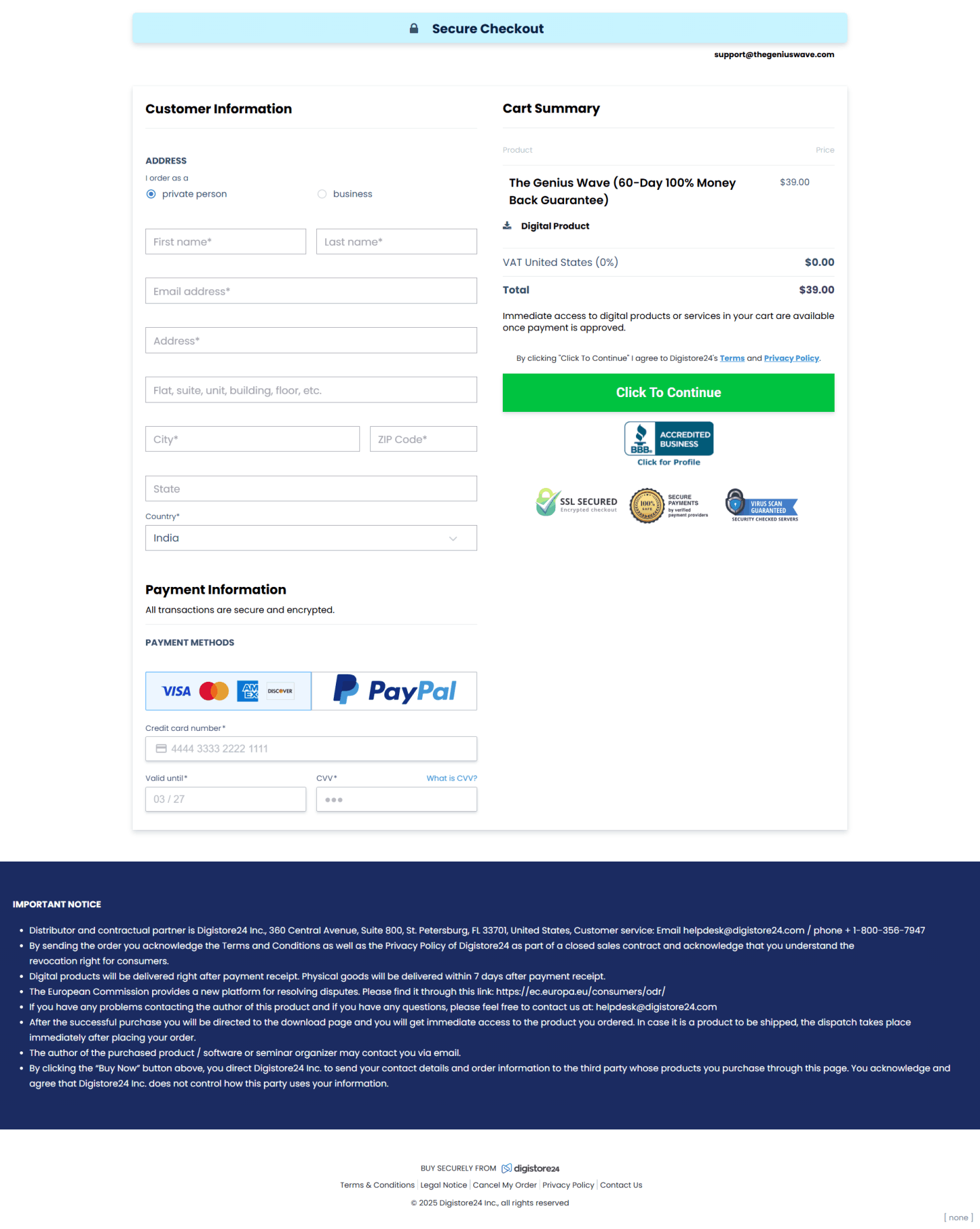 The Genius Wave Check Out Page.